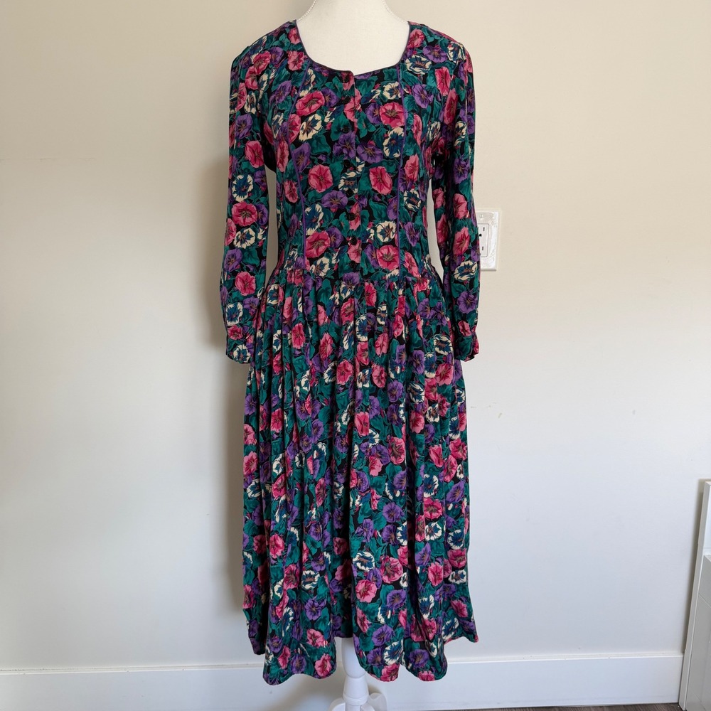 Sarin New York Vintage Floral Drop Waist Midi Dress Womens Medium Multi Color